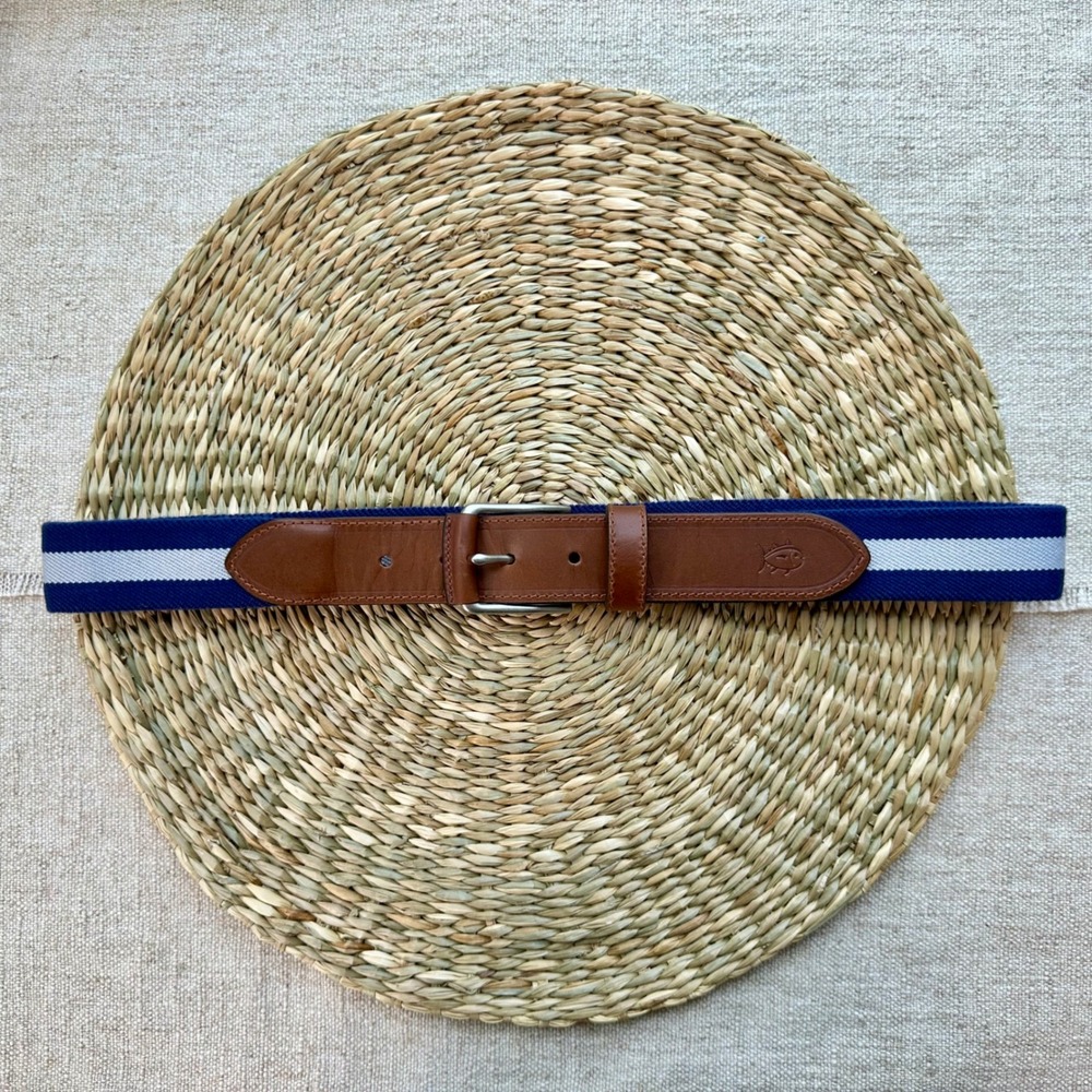 Southern Tide Mens 32 Madison Stretch Ribbon Belt Yacht Blue Striped Leather